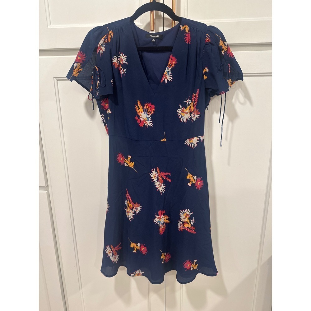 Madewell Women's poppy Print Mini Dress Short Sleeve Navy Blue silk Size 4